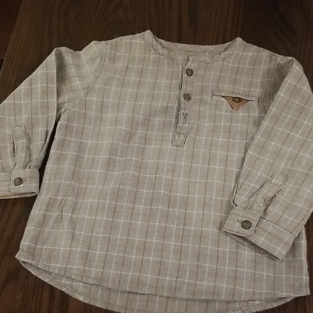Zara Gray And Tan Checkered Kids Button Down Shirt. Size 12/18 Mth